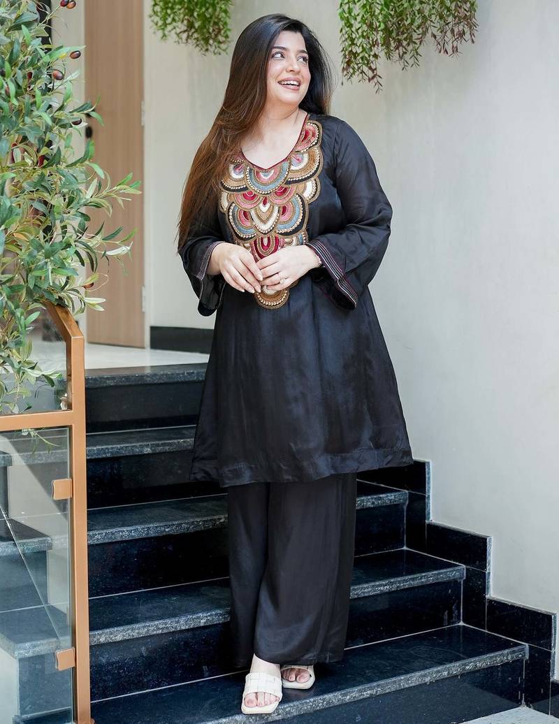 Embroidery French Crepe Fabric Flared Kurta and Palazzo Set