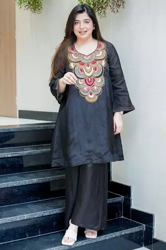 Embroidery French Crepe Fabric Flared Kurta and Palazzo Set