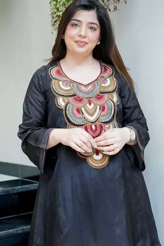 Embroidery French Crepe Fabric Flared Kurta and Palazzo Set