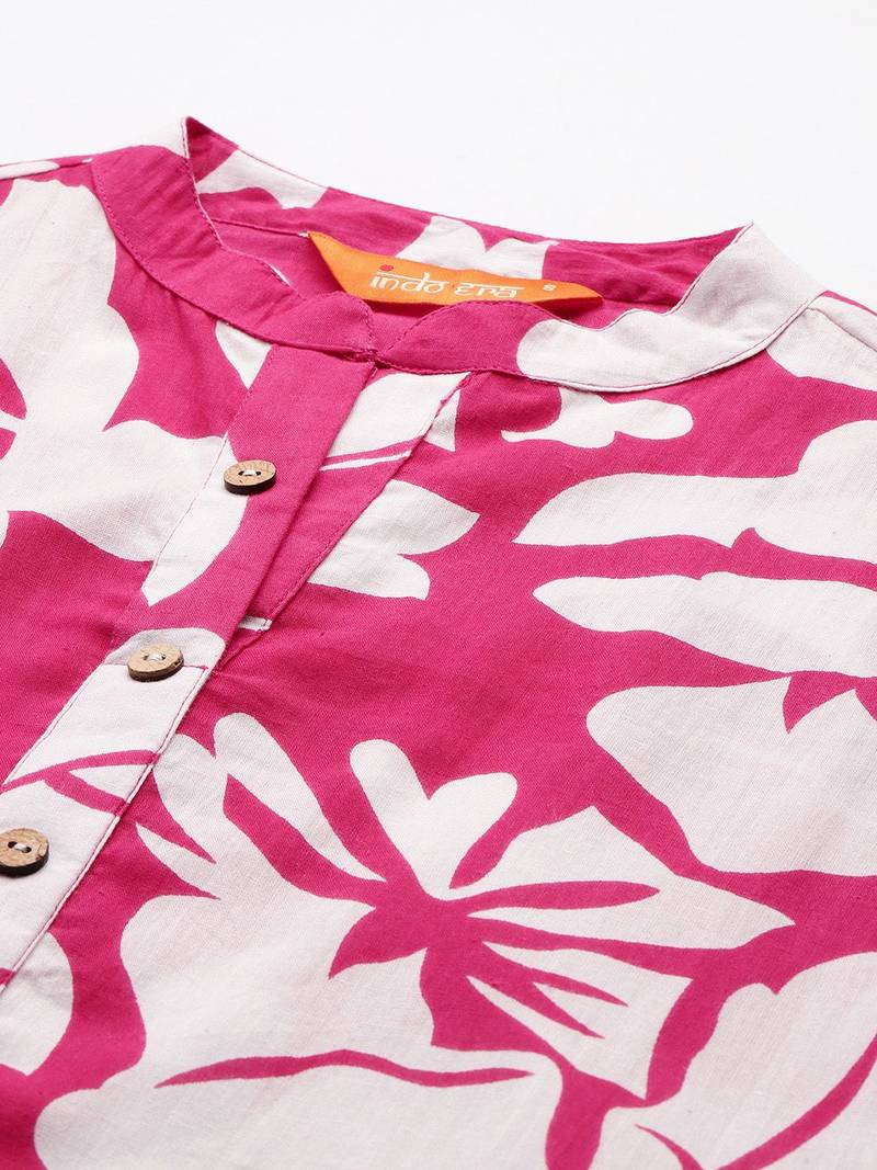 Floral Printed Pleated Pure Cotton Kurta with Trousers