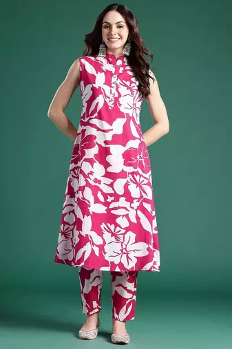 Floral Printed Pleated Pure Cotton Kurta with Trousers