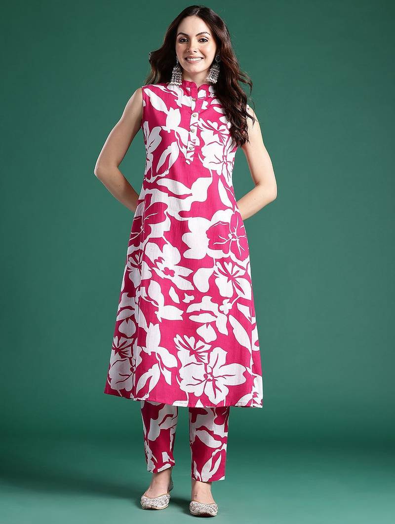 Floral Printed Pleated Pure Cotton Kurta with Trousers