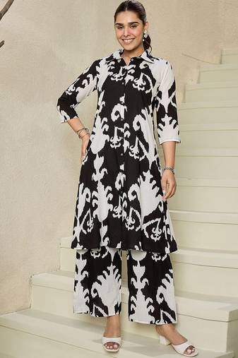 Abstract Printed Shirt Collar Pure Cotton A-Line Kurta With Trousers