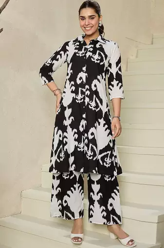 Abstract Printed Shirt Collar Pure Cotton A-Line Kurta With Trousers