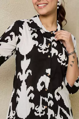 Abstract Printed Shirt Collar Pure Cotton A-Line Kurta With Trousers