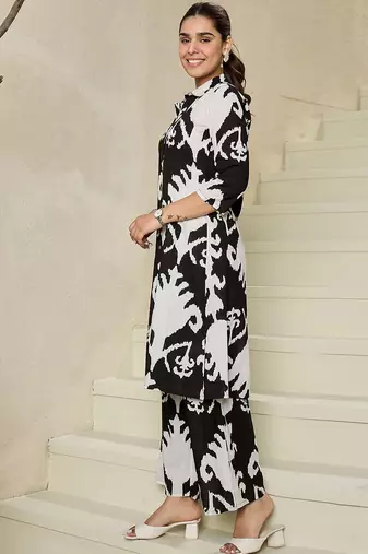Abstract Printed Shirt Collar Pure Cotton A-Line Kurta With Trousers