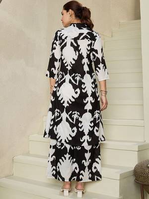 Abstract Printed Shirt Collar Pure Cotton A-Line Kurta With Trousers 5