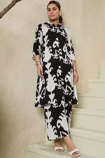 Abstract Printed Shirt Collar Pure Cotton A-Line Kurta With Trousers