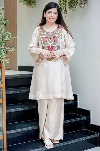 Embroidery French Crepe Fabric Flared Kurta and Palazzo Set
