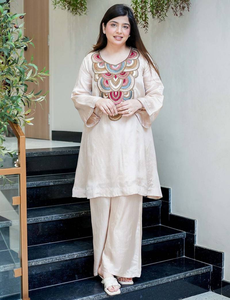 Embroidery French Crepe Fabric Flared Kurta and Palazzo Set