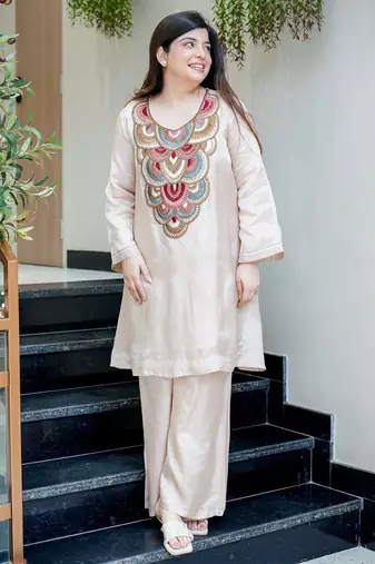 Embroidery French Crepe Fabric Flared Kurta and Palazzo Set