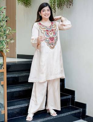 Embroidery French Crepe Fabric Flared Kurta and Palazzo Set 4