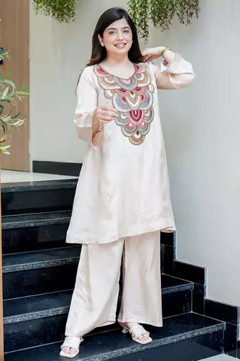Embroidery French Crepe Fabric Flared Kurta and Palazzo Set