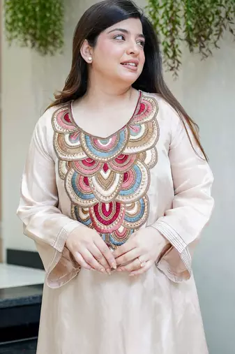 Embroidery French Crepe Fabric Flared Kurta and Palazzo Set