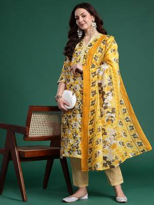 Floral Printed Regular Pure Cotton Kurta with Trousers & Dupatta 1