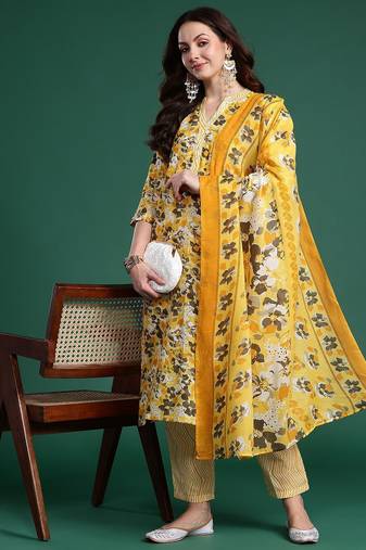 Floral Printed Regular Pure Cotton Kurta with Trousers & Dupatta