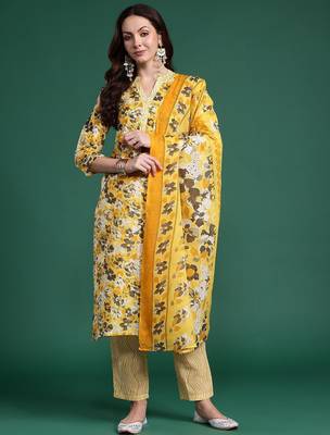 Floral Printed Regular Pure Cotton Kurta with Trousers & Dupatta 7