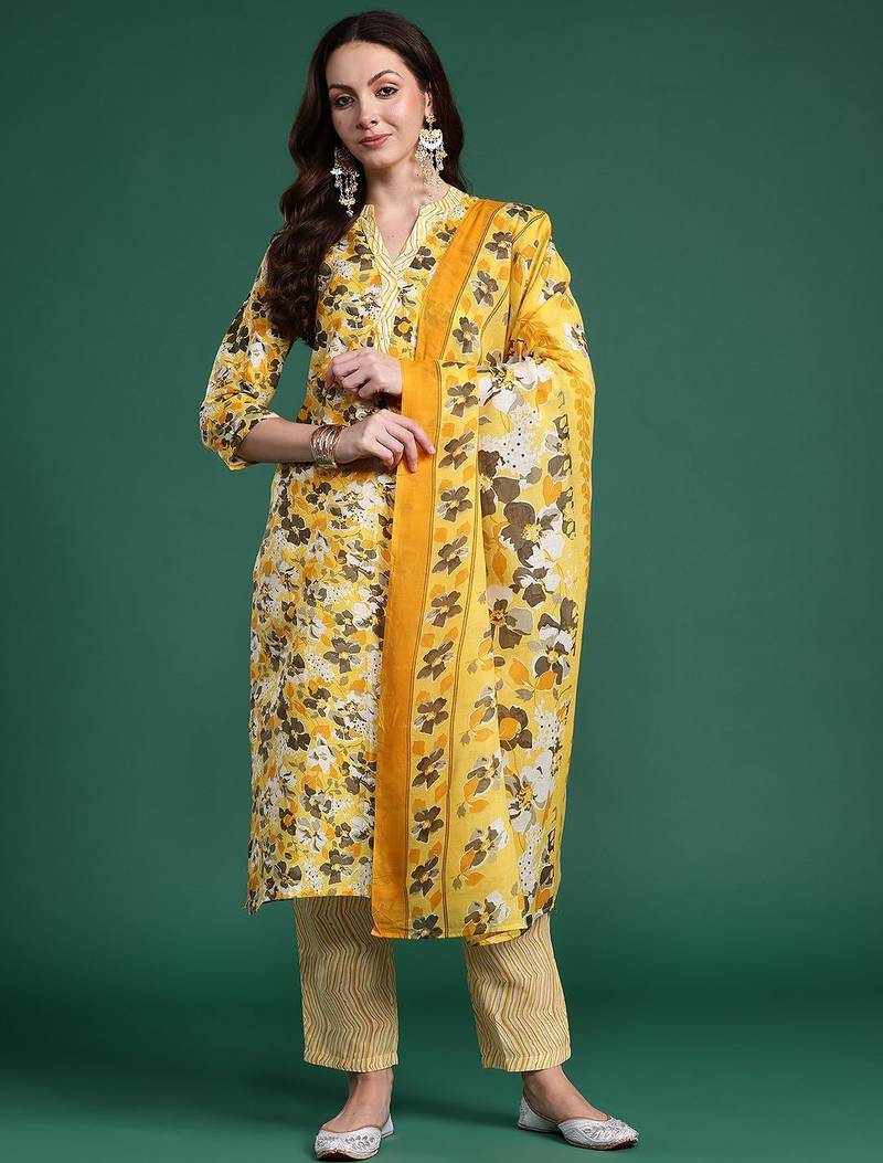Floral Printed Regular Pure Cotton Kurta with Trousers & Dupatta