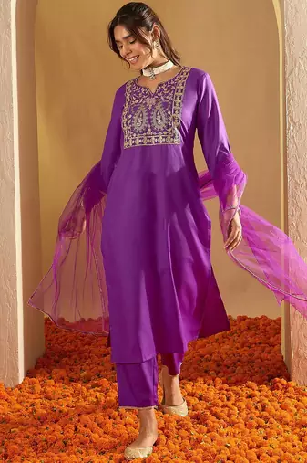 Floral Embroidered Liva Straight Kurta With Trousers & Dupatta