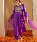 Floral Embroidered Liva Straight Kurta With Trousers & Dupatta