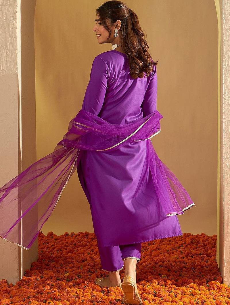 Floral Embroidered Liva Straight Kurta With Trousers & Dupatta