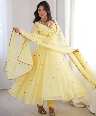 Embroidery Faux Georgette Fabric Flared Anarkali Pant and Dupatta Set 1