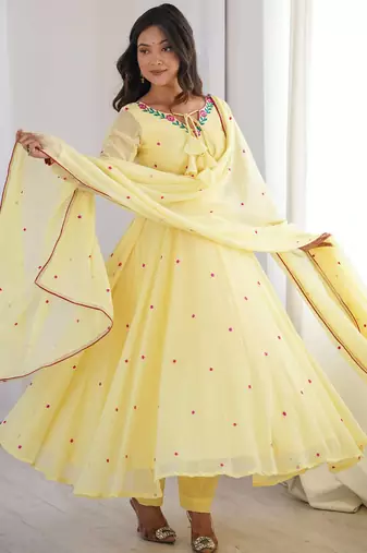 Embroidery Faux Georgette Fabric Flared Anarkali Pant and Dupatta Set