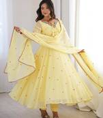 Embroidery Faux Georgette Fabric Flared Anarkali Pant and Dupatta Set