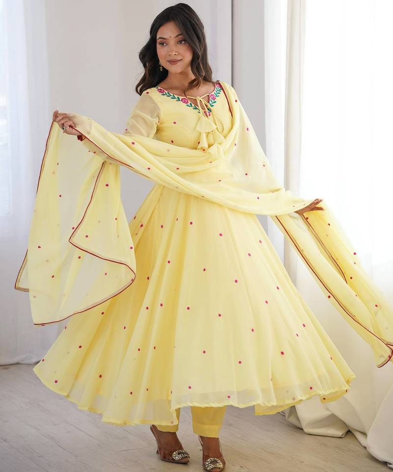 Embroidery Faux Georgette Fabric Flared Anarkali Pant and Dupatta Set