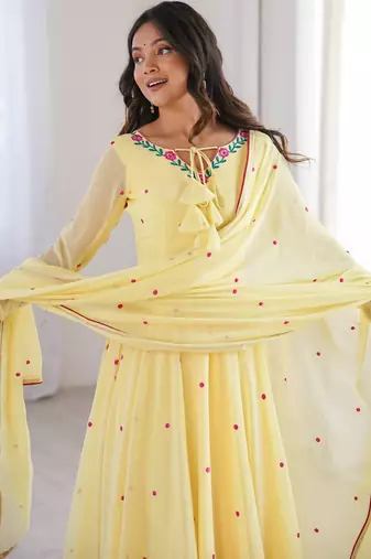 Embroidery Faux Georgette Fabric Flared Anarkali Pant and Dupatta Set