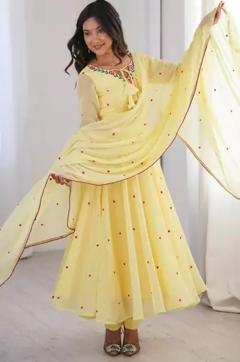 Embroidery Faux Georgette Fabric Flared Anarkali Pant and Dupatta Set