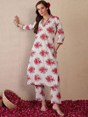 Women Floral Printed Regular Mirror Work Pure Cotton Kurta with Trousers 1