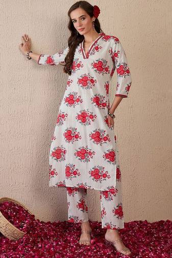 Women Floral Printed Regular Mirror Work  Cotton Kurta with Trousers