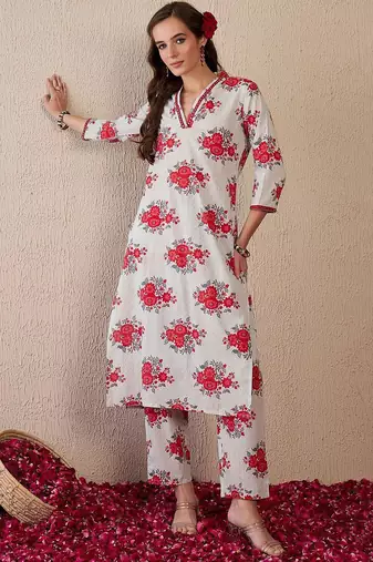 Women Floral Printed Regular Mirror Work Pure Cotton Kurta with Trousers