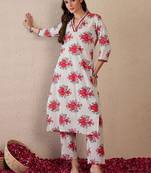 Women Floral Printed Regular Mirror Work Pure Cotton Kurta with Trousers