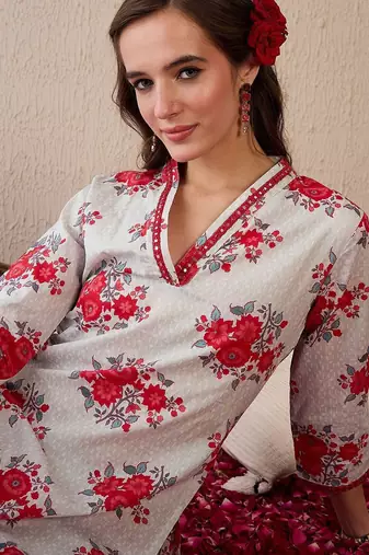 Women Floral Printed Regular Mirror Work Pure Cotton Kurta with Trousers