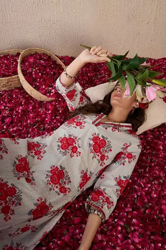 Women Floral Printed Regular Mirror Work Pure Cotton Kurta with Trousers