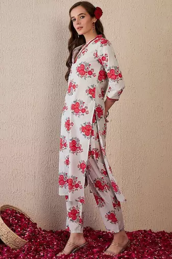 Women Floral Printed Regular Mirror Work Pure Cotton Kurta with Trousers