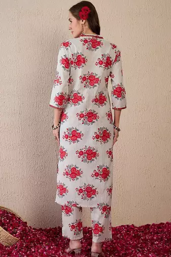 Women Floral Printed Regular Mirror Work Pure Cotton Kurta with Trousers