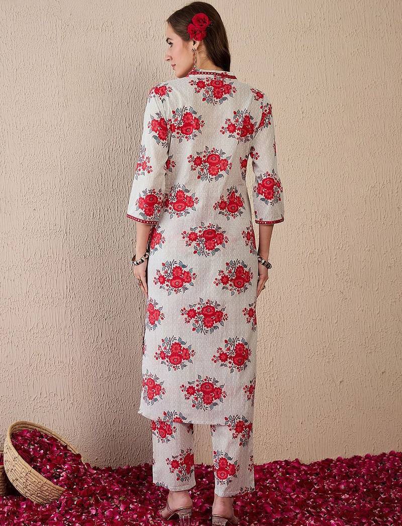 Women Floral Printed Regular Mirror Work Pure Cotton Kurta with Trousers