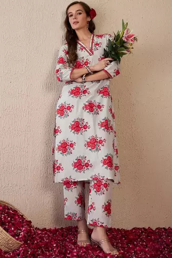 Women Floral Printed Regular Mirror Work Pure Cotton Kurta with Trousers