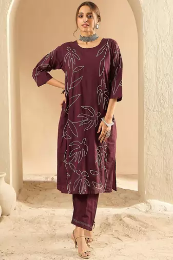 Women Floral Embroidered Regular Thread Work Pure Cotton Kurta with Trousers