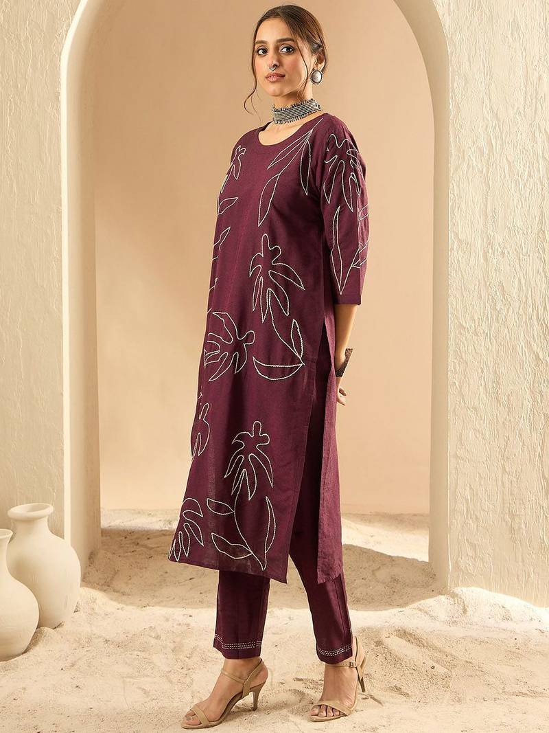 Women Floral Embroidered Regular Thread Work Pure Cotton Kurta with Trousers