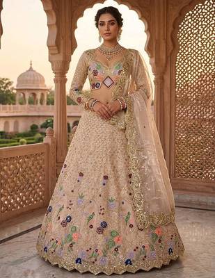 beige Embroidery Sequins With Cancan silk blend Lehenga Choli Set 1