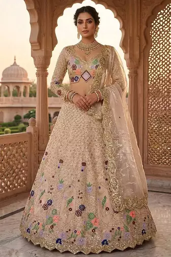 beige Embroidery Sequins With Cancan silk blend Lehenga Choli Set