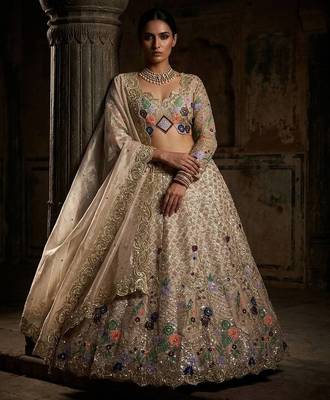 beige Embroidery Sequins With Cancan silk blend Lehenga Choli Set 2