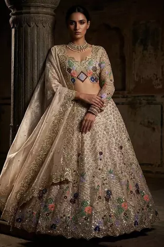 beige Embroidery Sequins With Cancan silk blend Lehenga Choli Set