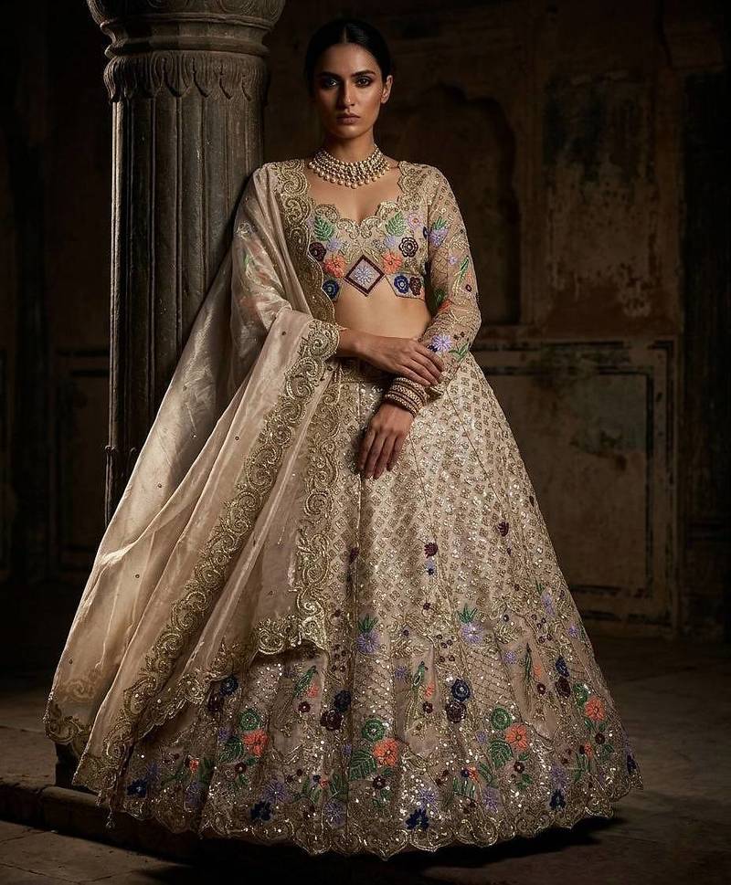 beige Embroidery Sequins With Cancan silk blend Lehenga Choli Set