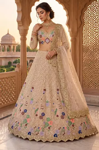 beige Embroidery Sequins With Cancan silk blend Lehenga Choli Set