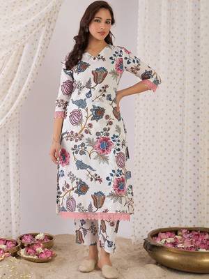 Women Floral Printed Regular Pure Cotton Kurta with Trousers 1